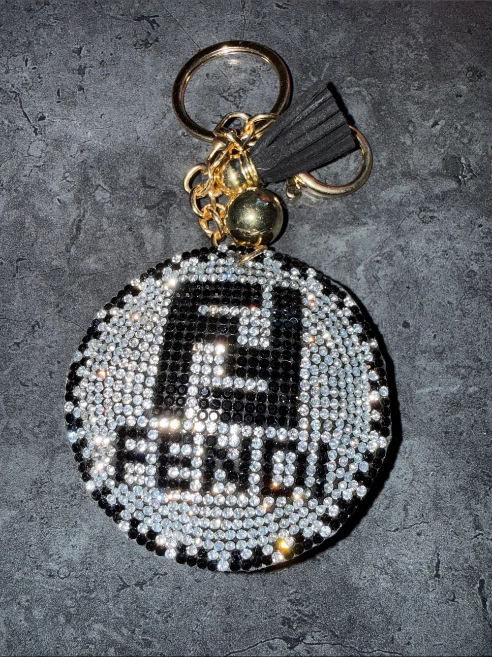 Lettered Crystal Logo Keyring in Black and Silver with Gold Hardware